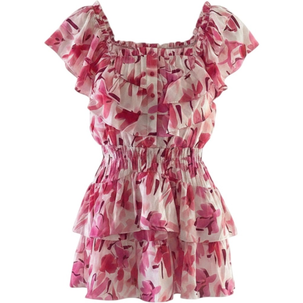 Bibi Pink Floral Tiered Ruffle Mini Dress Smocked Waist Flutter Sleeve Small NWT